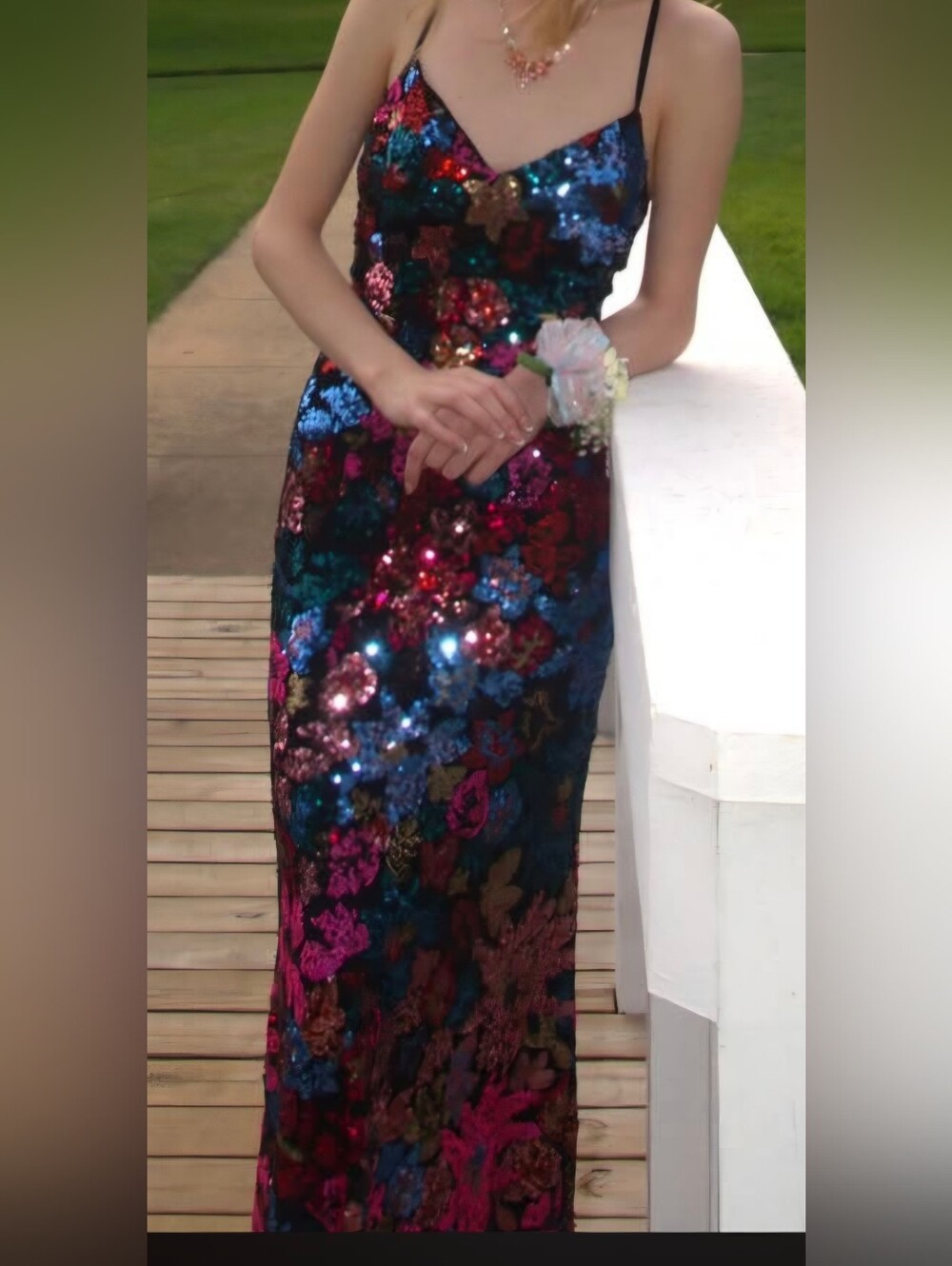 Crystal Doll Multi-Sequin Floral Column Dress in Blue, Pink, Red Size 0
